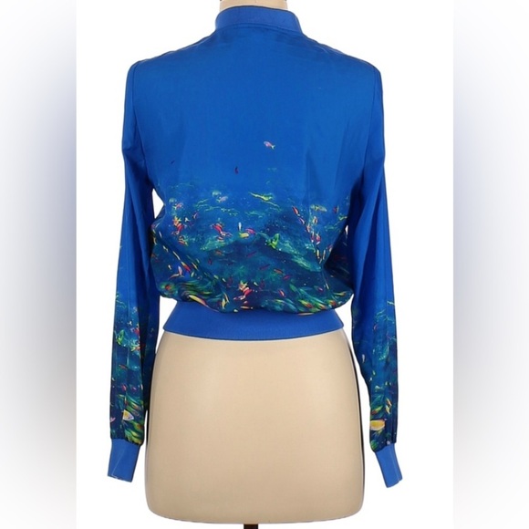 Nanette Lepore L’Amore Blue Ocean Fish Bomber Jacket zip up Cardigan - Sz M - Picture 2 of 9